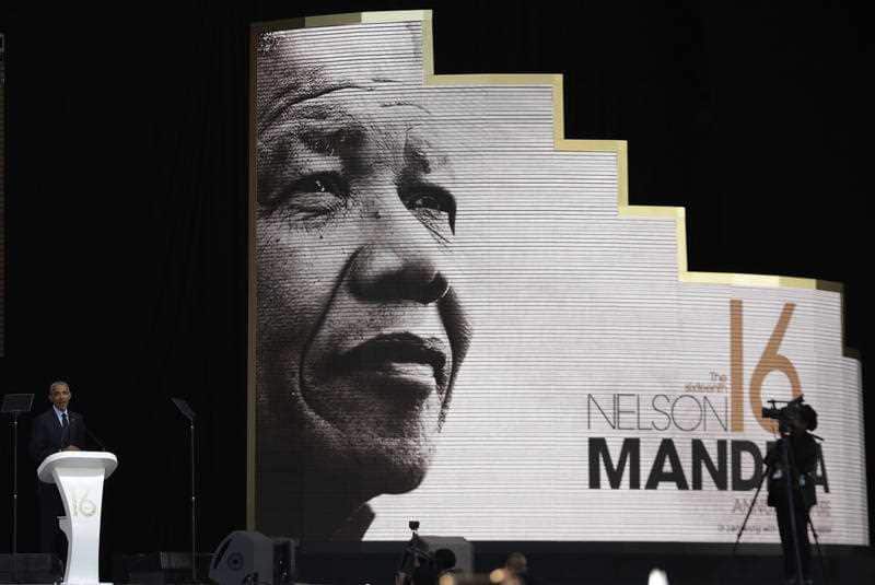 Former U.S. President Barack Obama speaks at the Wanderers Stadium in Johannesburg, South Africa. 