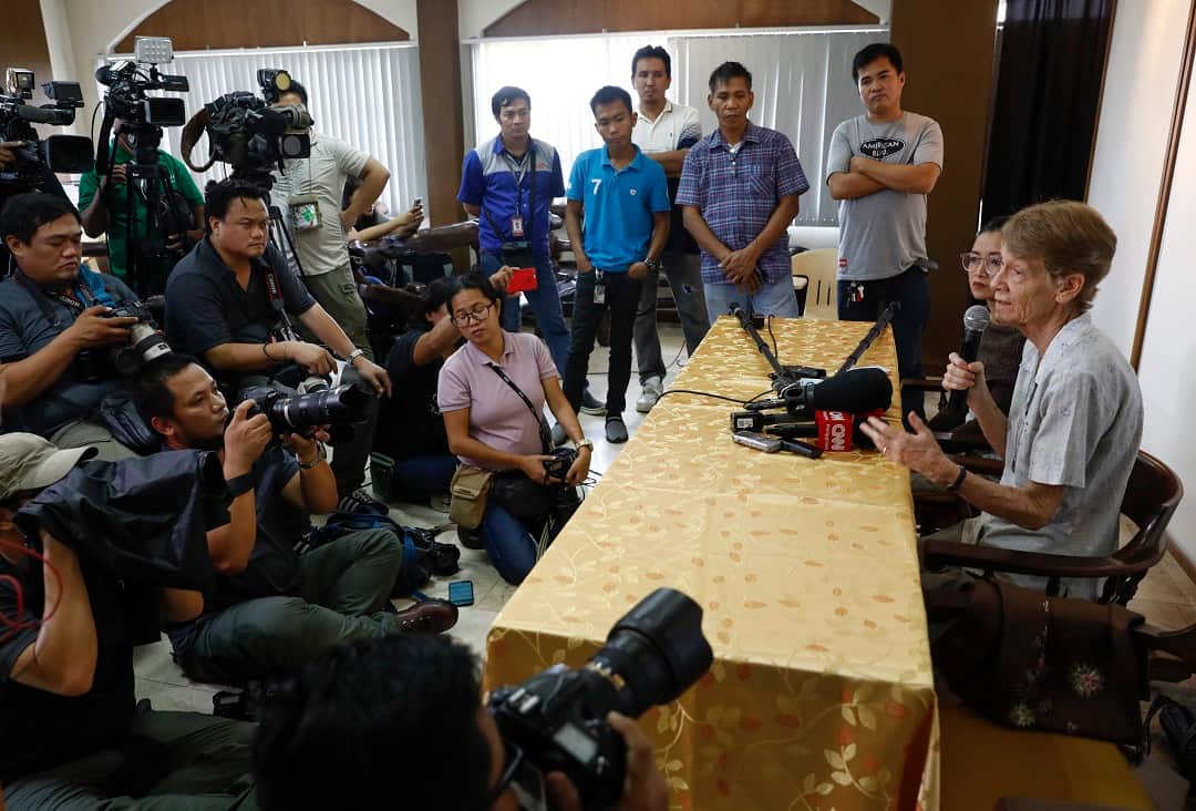Australian nun Patricia Fox holds a press conference in Quezon City, east of Manila.