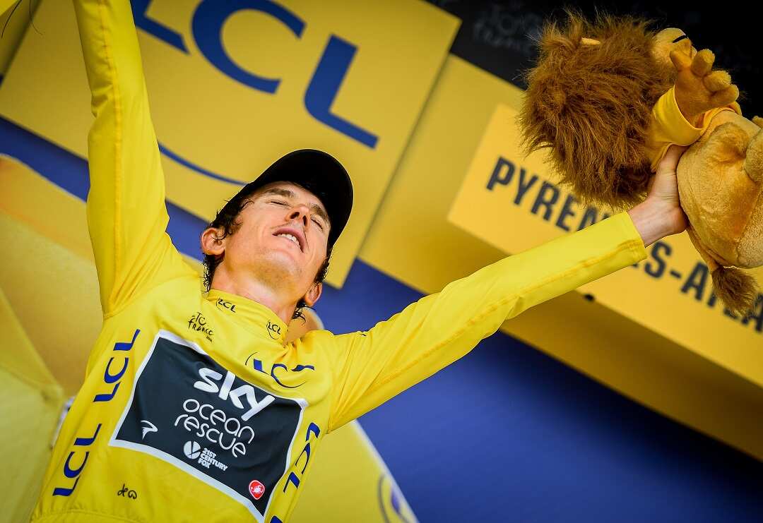 Geraint Thomas celebrates.