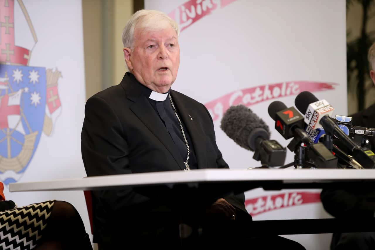 The Apostolic Administrator of the Archdiocese of Adelaide Bishop Greg O'Kelly addresses the media after the resignation of Adelaide Archbishop Philip Wilson in Adelaide, Tuesday, July 31, 2018. (AAP Image/Kelly Barnes) NO ARCHIVING