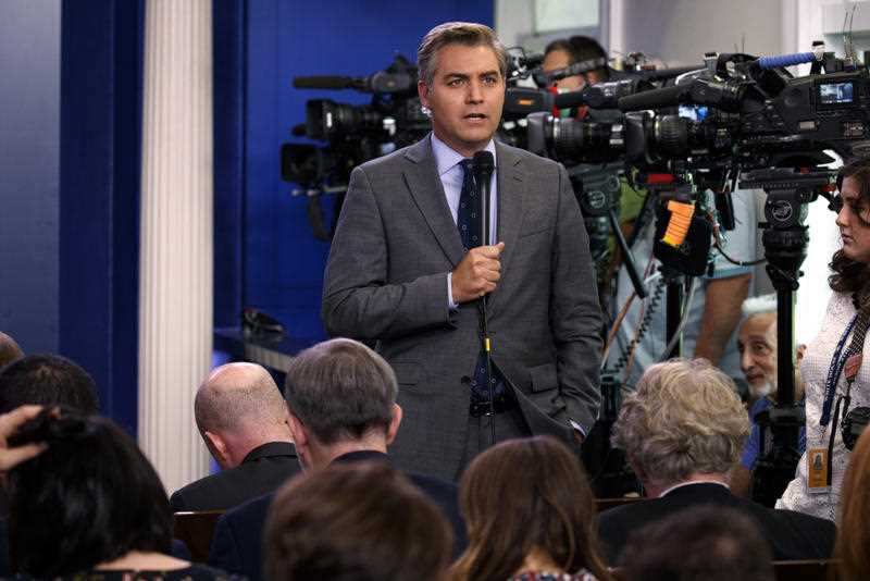 CNN journalist Jim Acosta does a stand up before the daily press briefing at the White House, Thursday, Aug. 2, 2018, in Washington.
