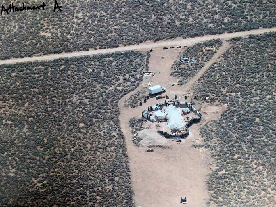 A handout photo made available by Taos County Sheriffâs Office shows an aerial photo of compound in rural Amalia, New Mexico, USA.