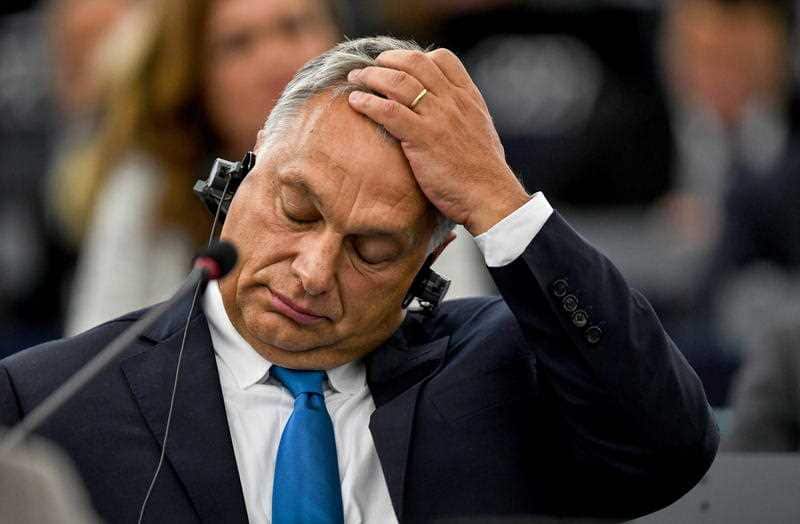Hungarian Prime Minister Viktor Orban reacts during a speech at the plenary session at the European Parliament
