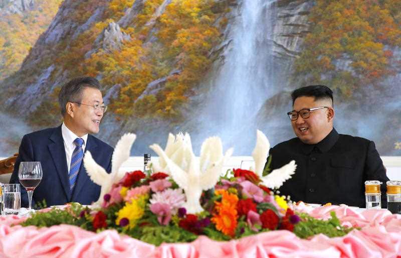 South Korean President Moon Jae-in with North Korean leader Kim Jong Un during a lunch at the Okryugwan restaurant in Pyongyanng, North Korea on September 19.