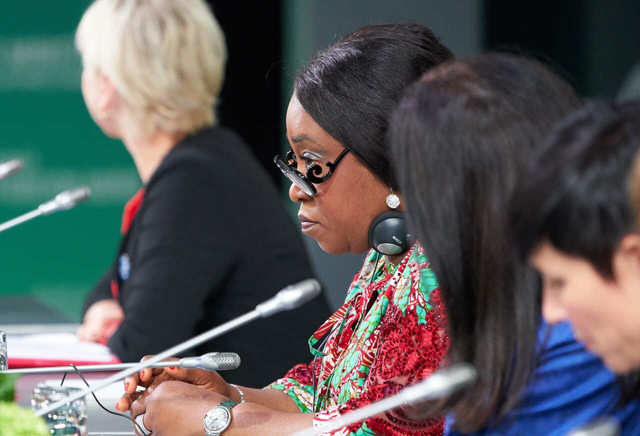 Shirley Ayorkor Botchway, Minister for Foreign Affairs and Regional integration of Ghana listens during the Women Foreign Ministers' Meeting in Montreal.