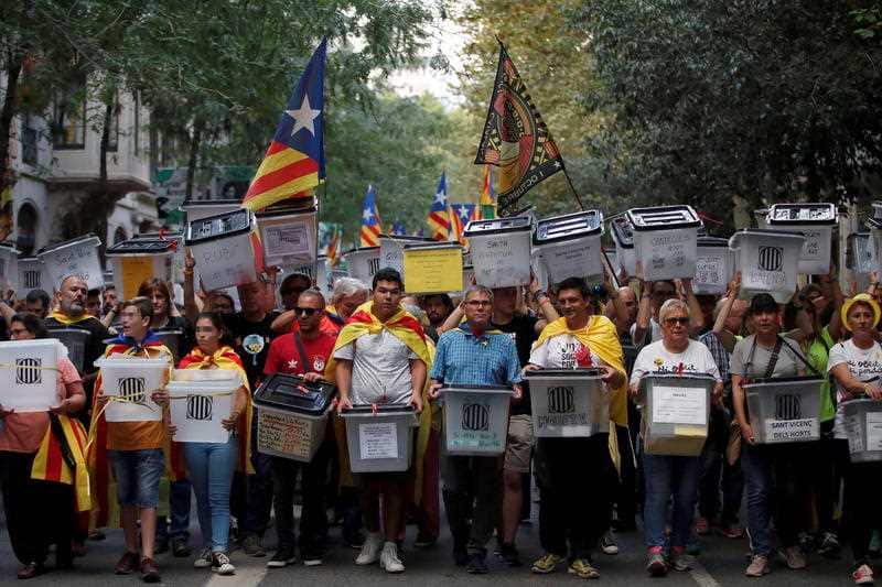 Thousands of people attend a protest on the occasion of the first anniversary of the Catalan illegal independence referendum held back 01 October 2017, in Barcelona, Spain, 01 October 2018.