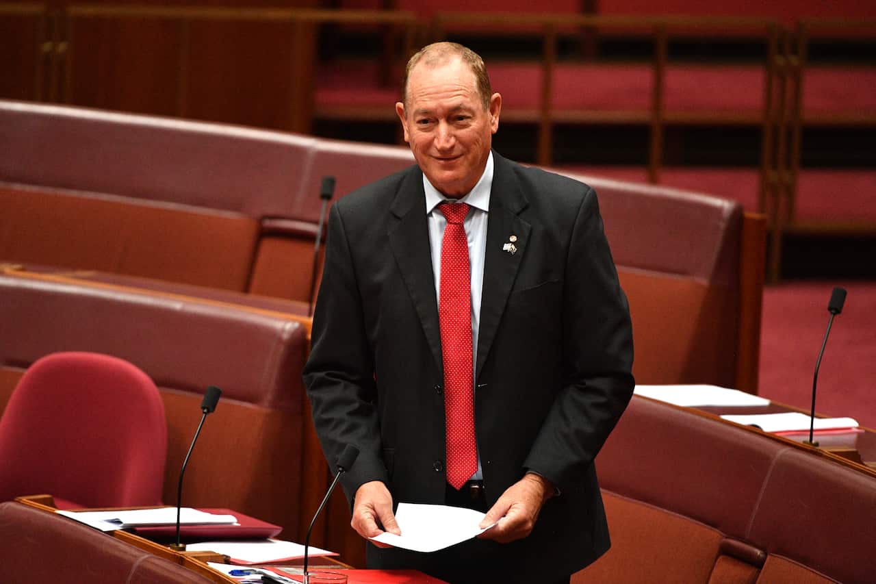 Katter's Australian Party Senator Fraser Anning speaks on Senator Pauline Hanson's "Ok To Be White" motion in the Senate chamber at Parliament House in Canberra, Tuesday, October 16, 2018. (AAP Image/Mick Tsikas) NO ARCHIVING