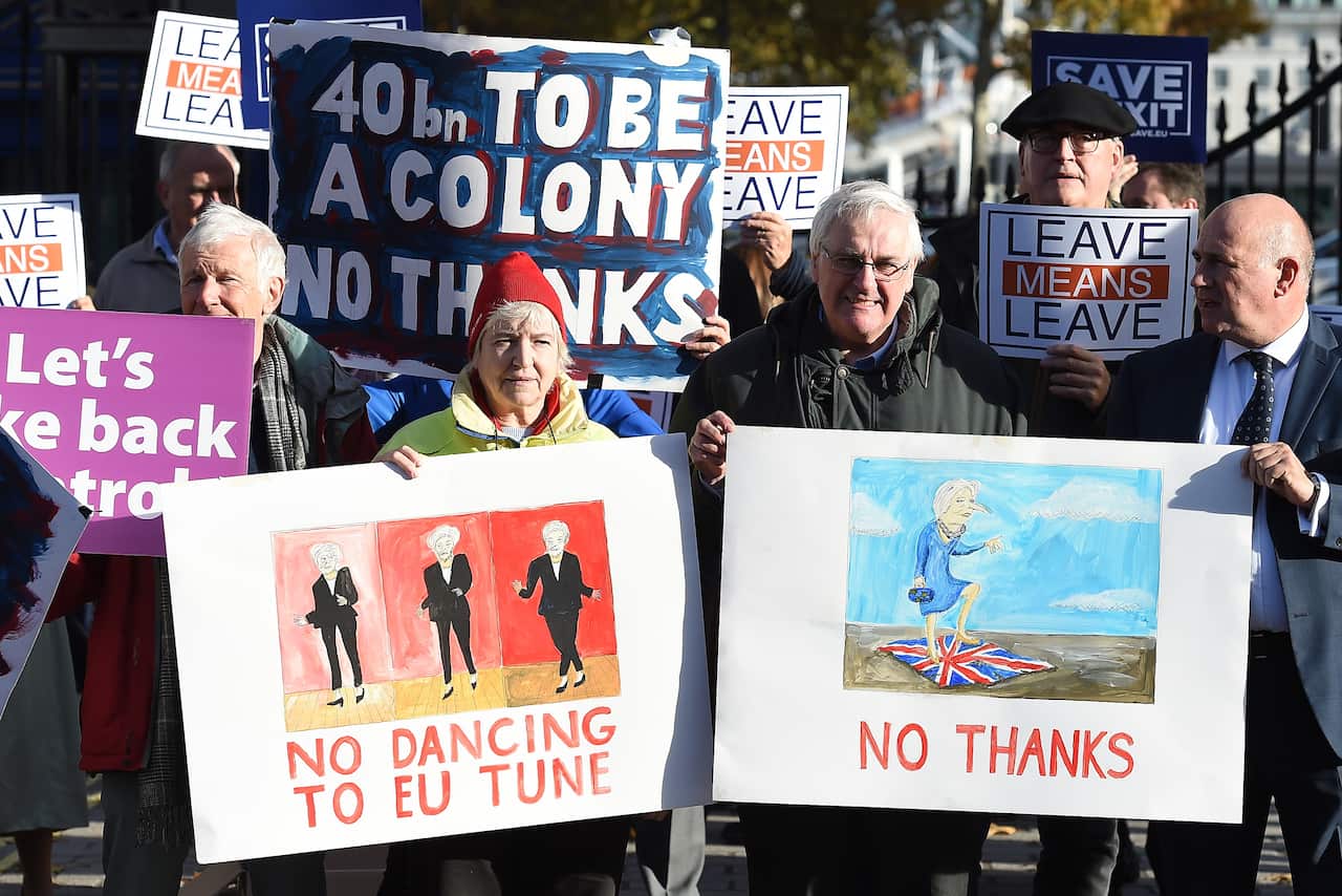 Pro Brexit demonstrators protest outside Downing Street in London.