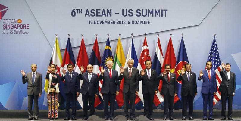 US Vice-President Mike Pence poses for a group photo with ASEAN leaders prior to the start of the ASEAN-US Summit.