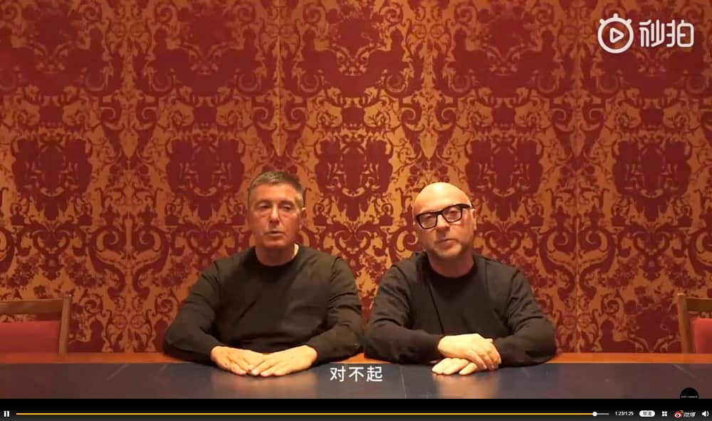 A still image captured from a video uploaded online on Nov. 23, 2018, shows the founders of Italian luxury brand Dolce &amp; Gabbana S.R.L, apologizing on Chinese social media over a heavily criticized video advertisement. (Kyodo via AP Images) ==Kyodo