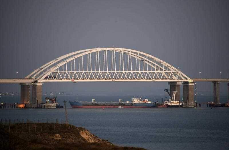 The Kerch bridge is seen blocked for ships entrance, near Kerch, Crimea.