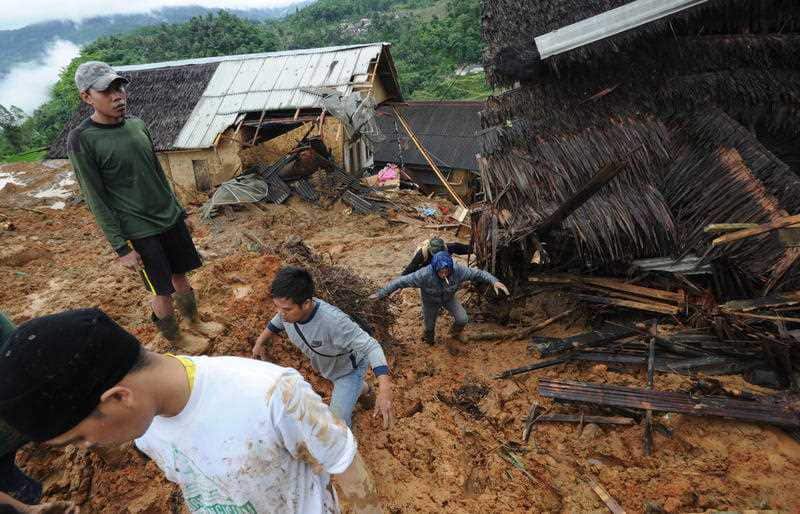 A landslide struck Sirnaresmi village in Sukabumi following torrential rain. 