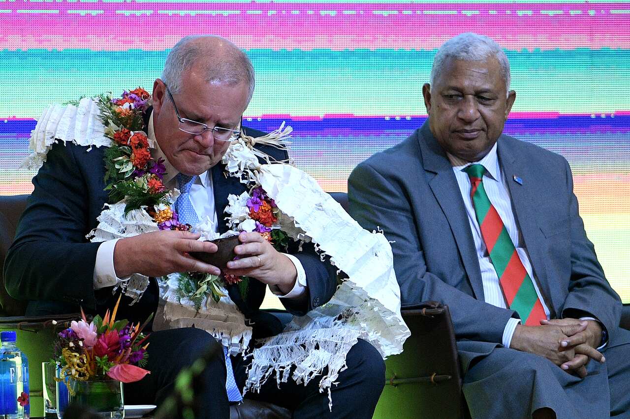 Australian Prime Minister Scott Morrison attends a Traditional Ceremony of Welcome with the Prime Minister of Fiji Frank Bainimarama, in Suva, Fiji.