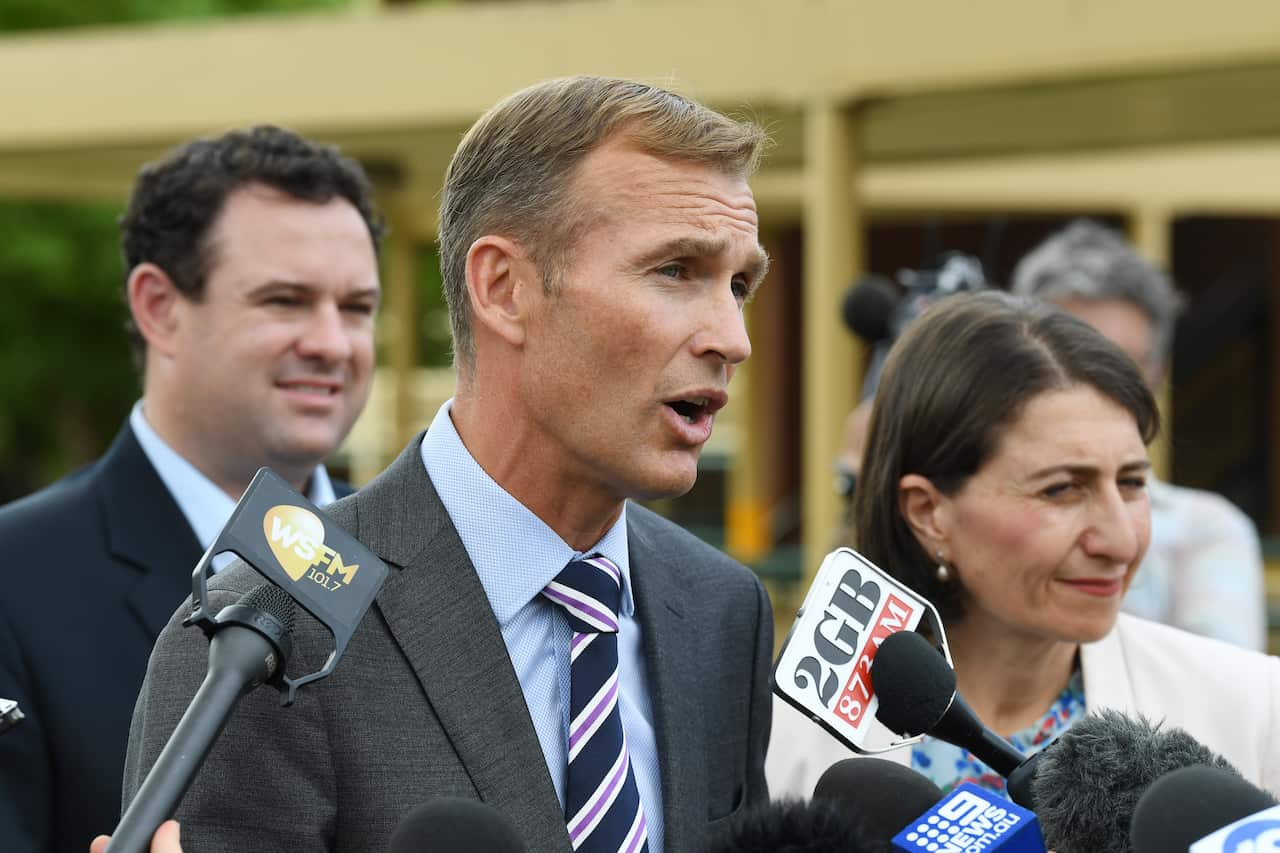 Education Minister Rob Stokes (centre) during a visit York Public School in South Penrith, Sydney, Wednesday.