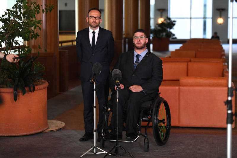 Greens Member for Melbourne Adam Bandt and Greens Senator Jordon Steele-John at a press conference at Parliament House in Canberra, Thursday, February 14, 2019.