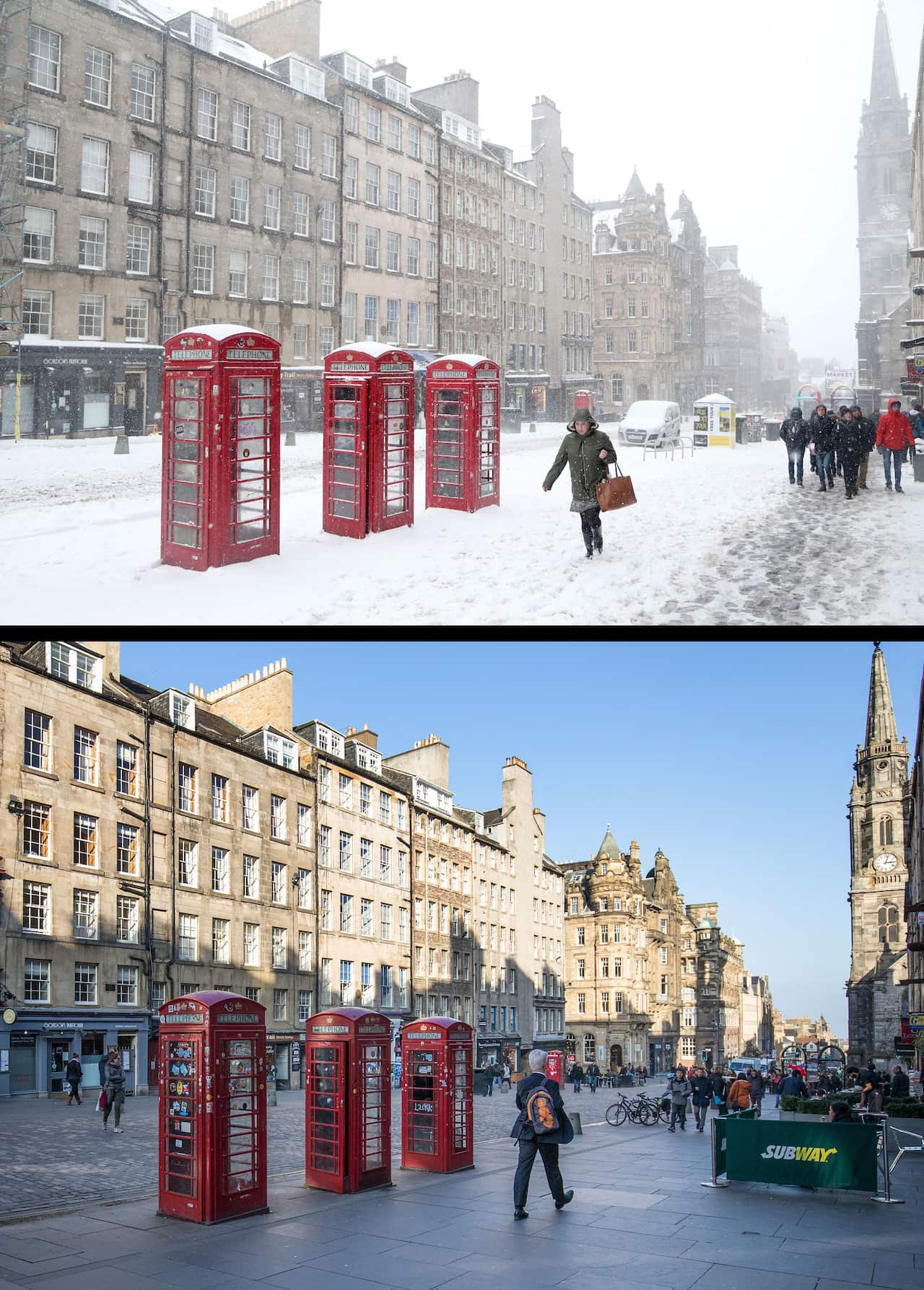 Composite photos of Edinburgh's Royal Mile, on 01/03/18 (top), during the Beast from the East, and the same view on 26/02/19.