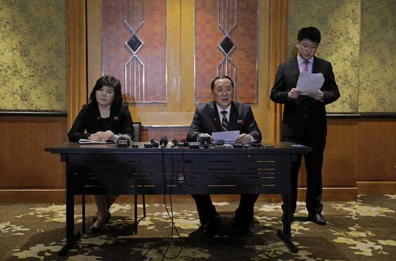 North Korea Foreign Minister Ri Yong Ho, center, talks during a press conference at Melia Hotel in Hanoi, Vietnam.