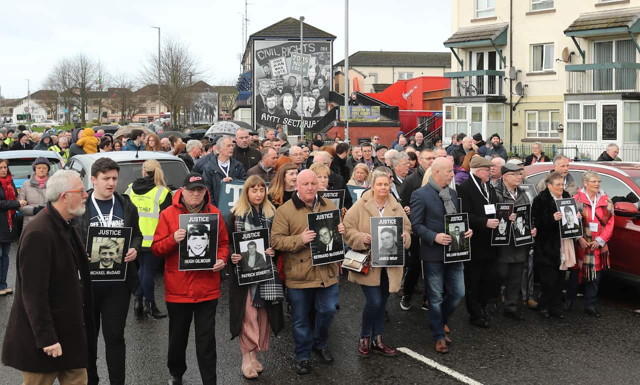 Relatives march from the Bogside to the Guildhall in Londonderry, Northern Ireland.