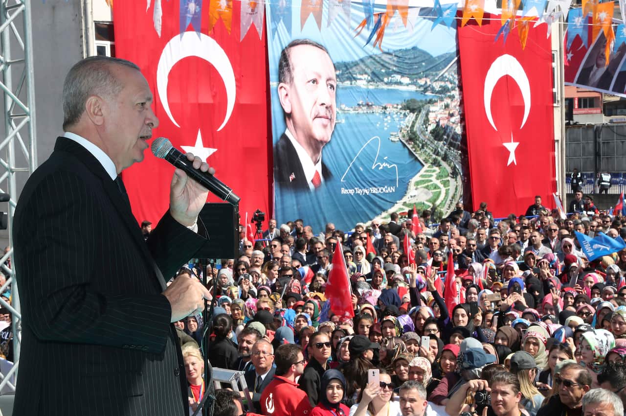 Turkey's President Recep Tayyip Erdogan addresses the supporters of his ruling Justice and Development Party during a rally in Eregli, Turkey.