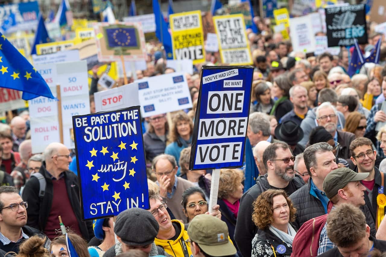 Anti-Brexit campaigners as they take part in the People's Vote March in London. Picture date: Saturday March 23, 2019. Photo credit should read: Matt Crossick/Empics.