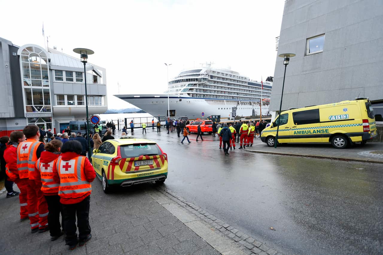 Cruise ship Viking Sky arrives at the Molde port.