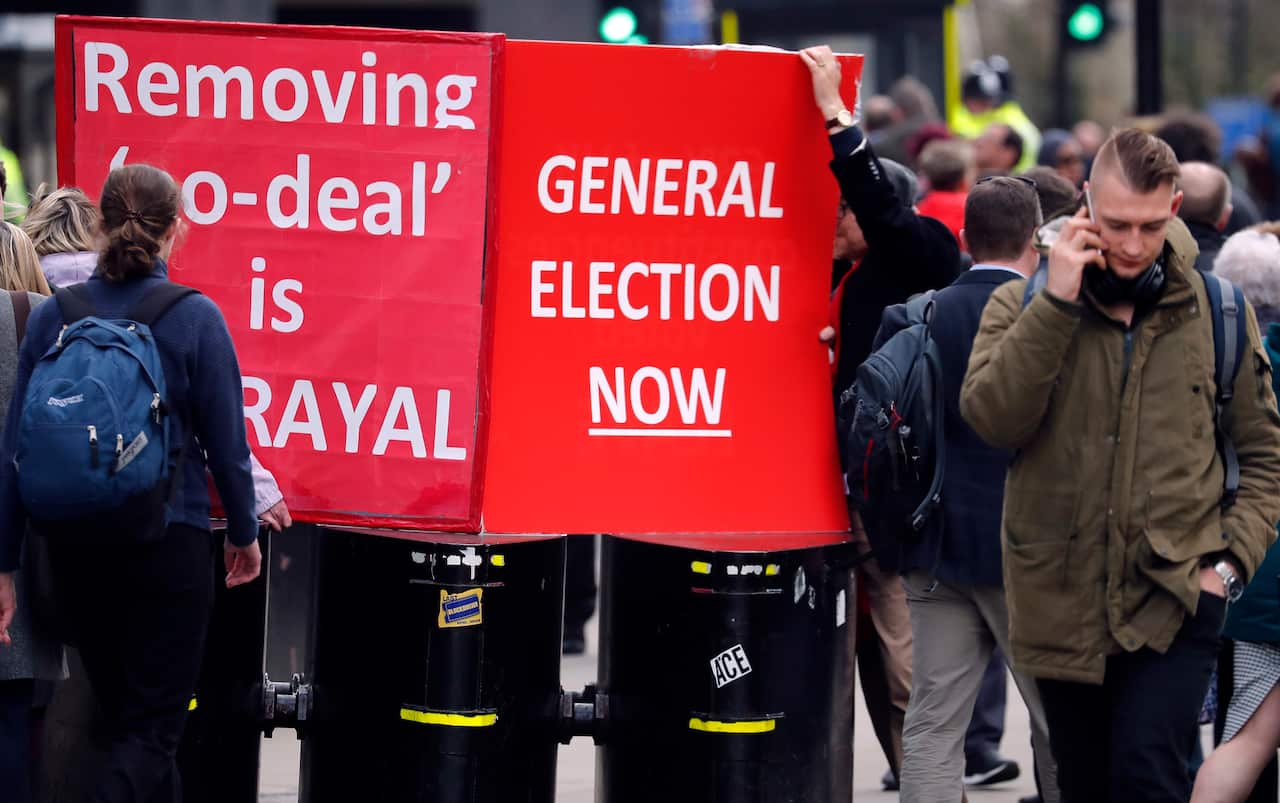 Brexit protesters demonstrate near the House of Parliament in London.