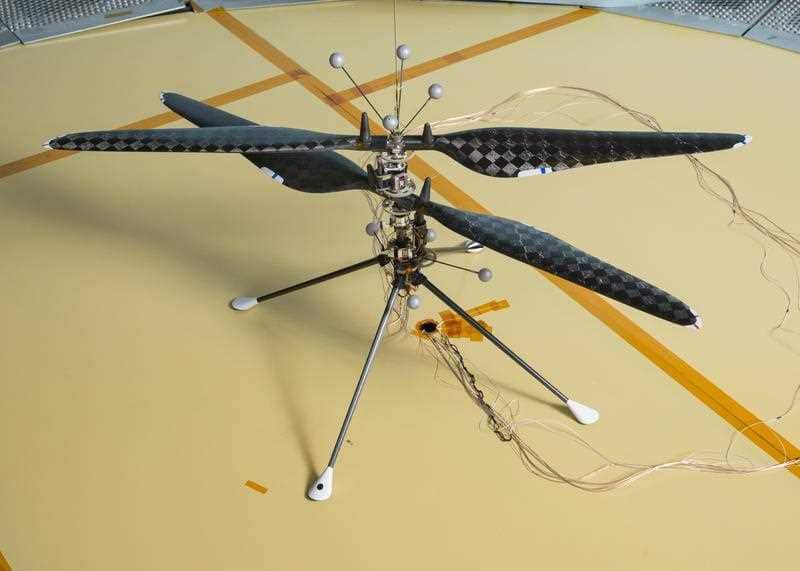 Mars Helicopter Prototype at NASA's Jet Propulsion Laboratory in Pasadena, California.