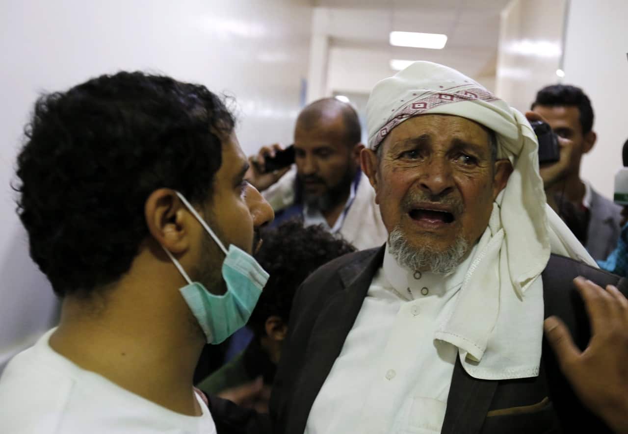 A Yemeni man reacts after his schoolgirl granddaughter was killed.