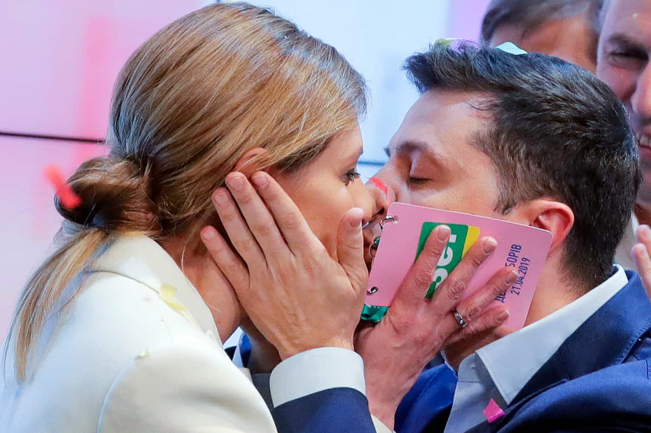 Ukrainian comedian and presidential candidate Volodymyr Zelenskiy, and his wife Olena Zelenska.
