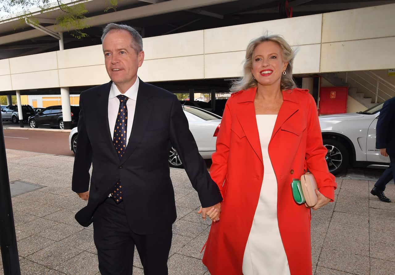 Opposition Leader Bill Shorten arrived for the debate with his wife Chloe Shorten.