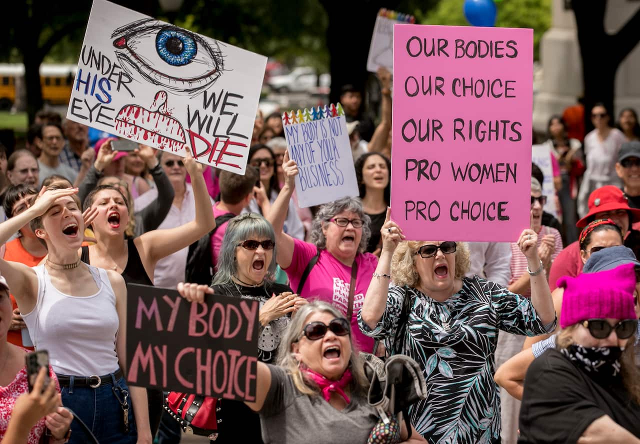 Abortion rights advocates rally at the Capitol in Austin, Texas, on Tuesday, May 21, 2019, to oppose state laws recently enacted that impose strict restrictions on abortion. (Jay Janner/Austin American-Statesman via AP)