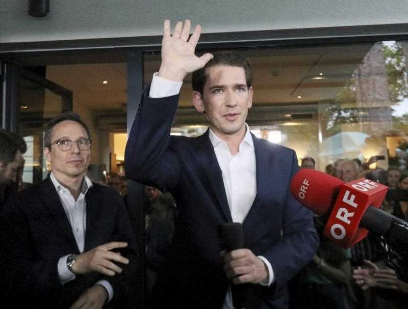 Austrian Chancellor Sebastian Kurz waves to his supporters at the political headquarters of Austrian People's Party