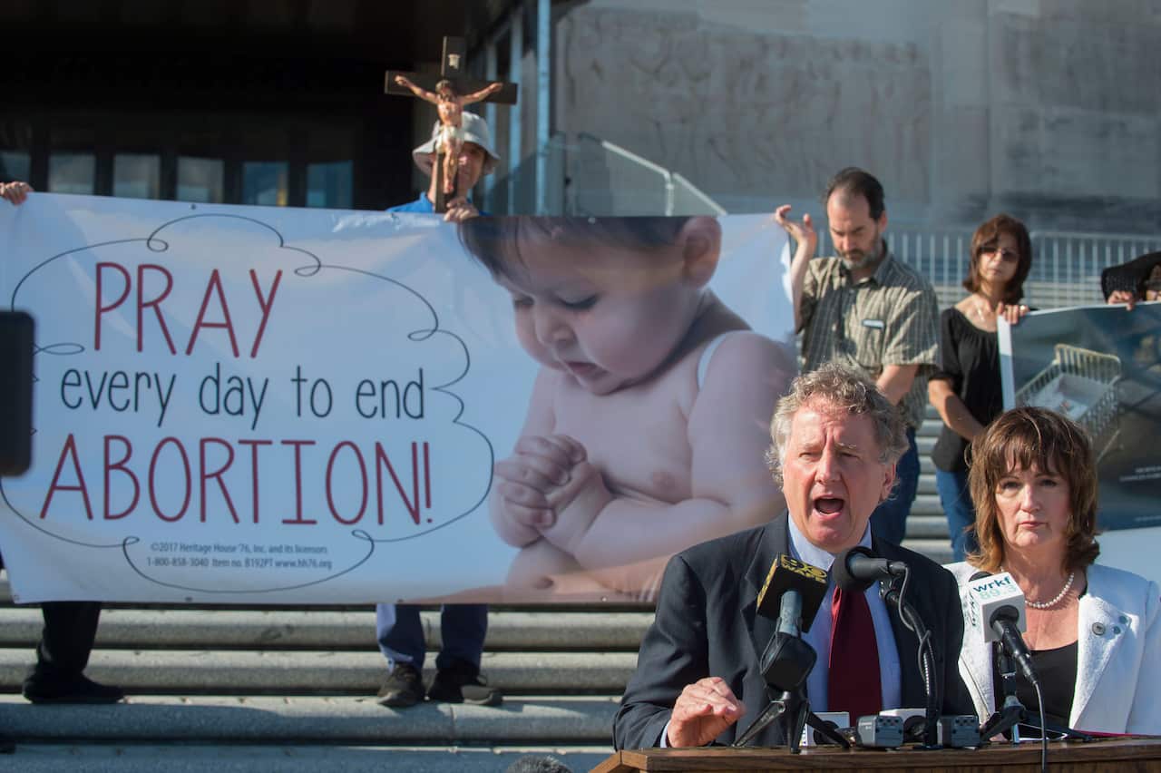 Jonn Milkovich, and Valarie Hodges, speak after the House passed the 'fetal heartbeat' bill that would ban abortions at about six weeks of pregnancy