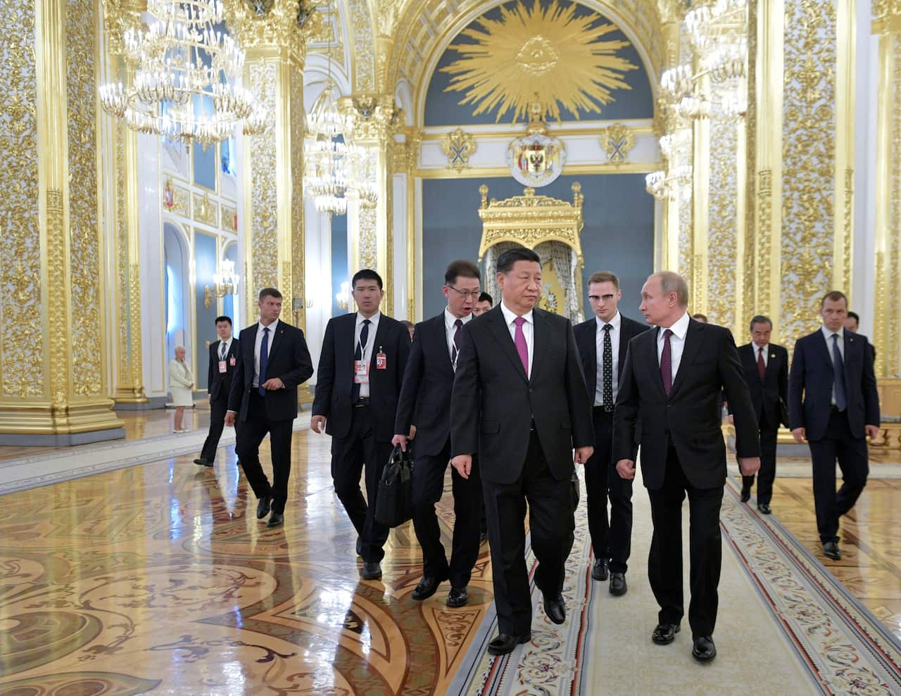 Russian President Vladimir Putin and Chinese President Xi Jinping inside the Kremlin Palace.
