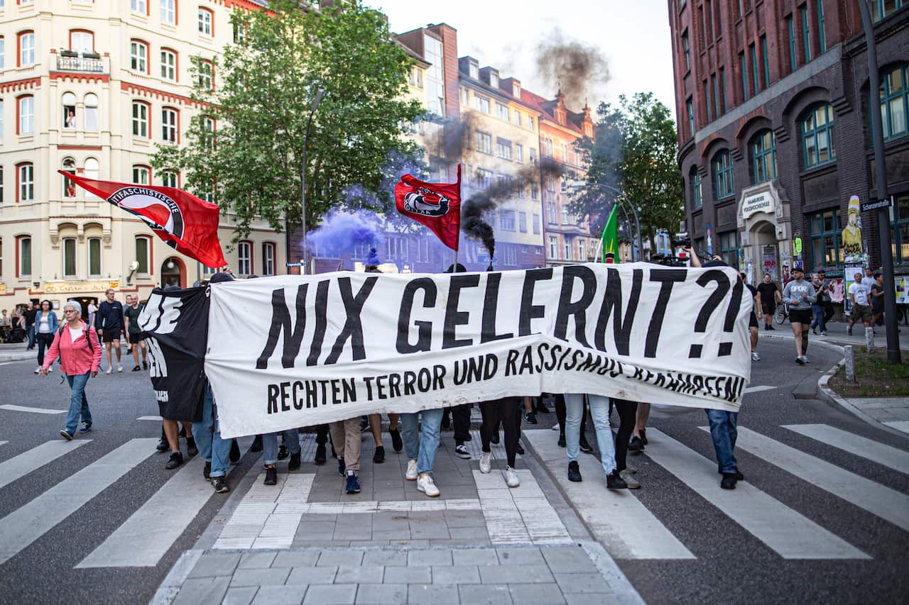 Around 400 people protest against Nazi violence, in Hamburg, Germany, following the murder of Kassel Government President Walter Luebcke. 