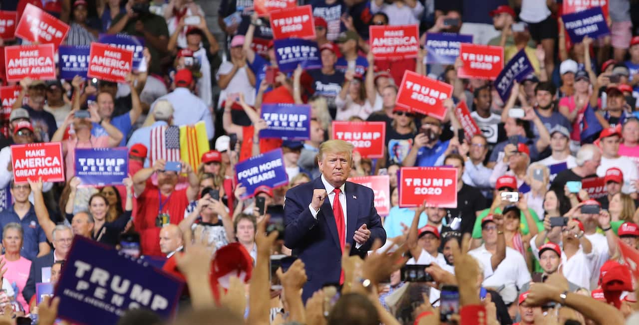President Donald Trump responds to cheering supporters at Amway Center in Orlando, Fla., on Tuesday, June 18, 2019, during his 2020 campaign kick-off rally. (Photo by Joe Burbank/Orlando Sentinel/TNS/Sipa USA).
