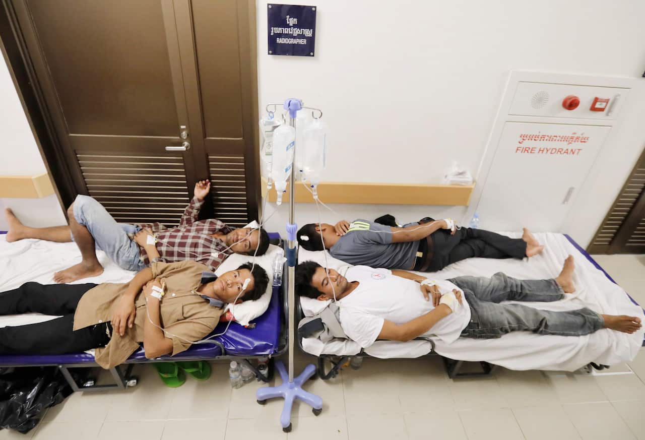 Cambodian injured workers receive medical care at a hospital in the Preah Sihanouk province.
