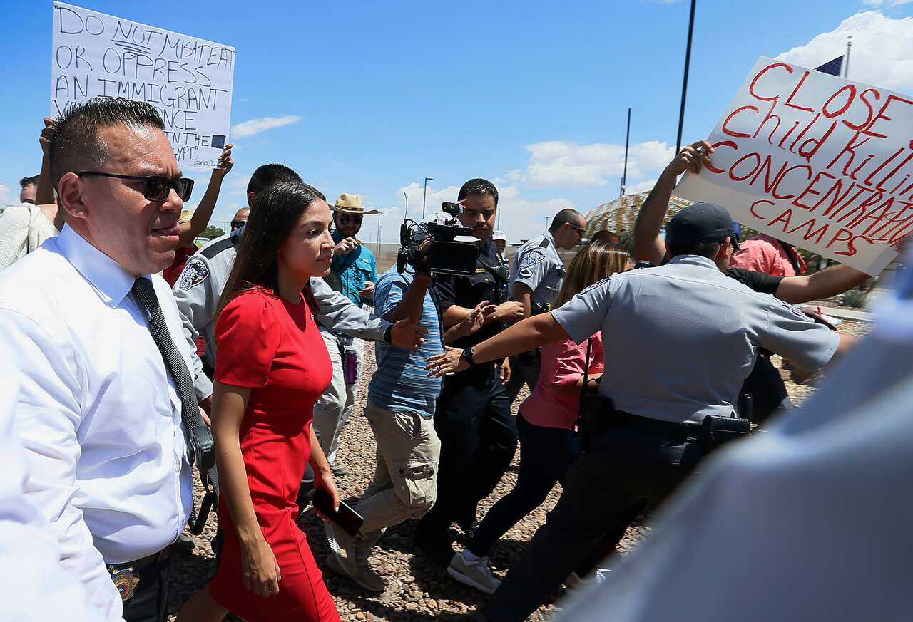 U.S. Rep. Alexandria Ocasio-Cortez, D-New York,  at the Border Patrol station in Clint about what she saw at area border facilities Monday, July 1.