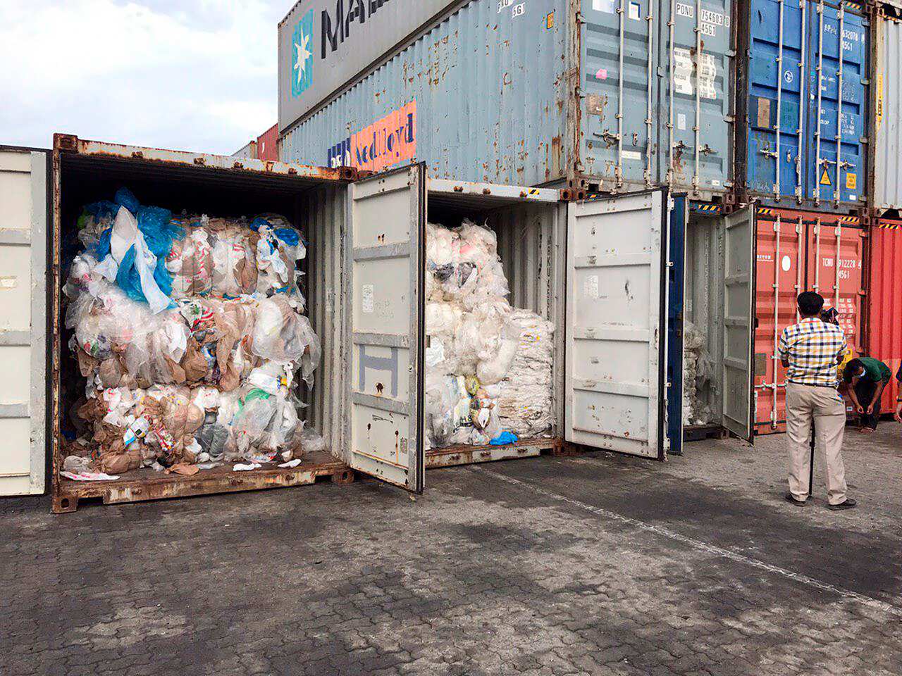 Containers loaded with plastic waste are placed at country beach city, Sihanoukville Port, southwest of Phnom Penh, Cambodia.
