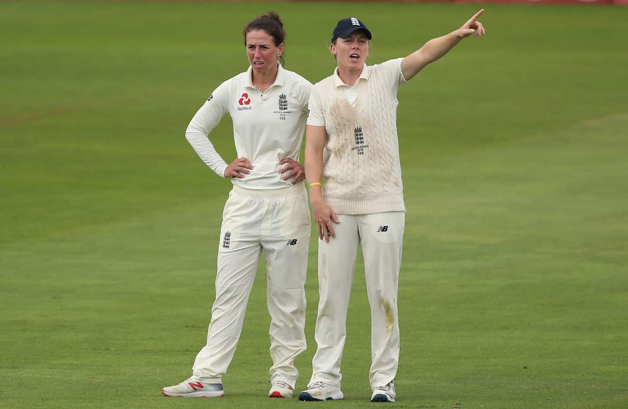 England captain Heather Knight directs her field during day four.