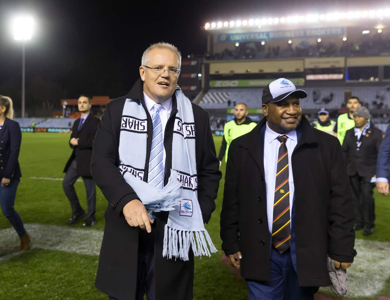 Prime Minister Scott Morrison with Papua New Guinea Prime Minister James Marape on Thursday night.