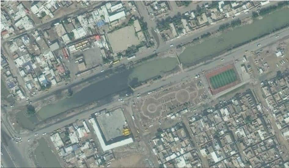 Satellite imagery showing a likley oil spill next to a gasoline station into a canal in central Basra city.