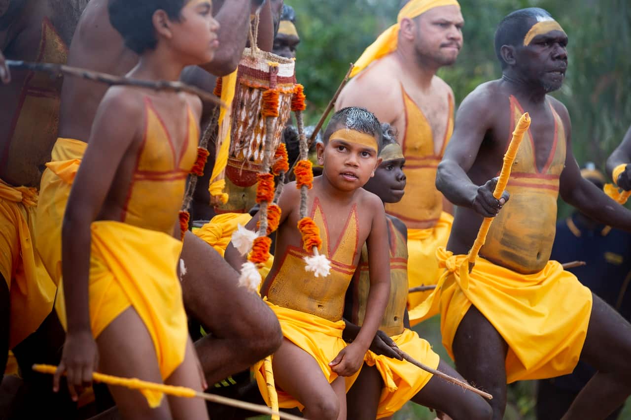 Members of the Gumatj clan performing bunggul (traditional dance) at the Garma Festival.