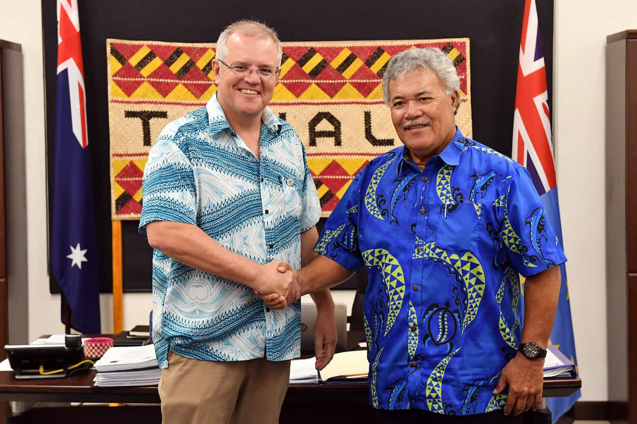 Tuvalu's prime minister Enele Sopoaga meets with Prime Minister Scott Morrison for a bilateral meeting during the Pacific Islands Forum in Funafuti, Tuvalu.