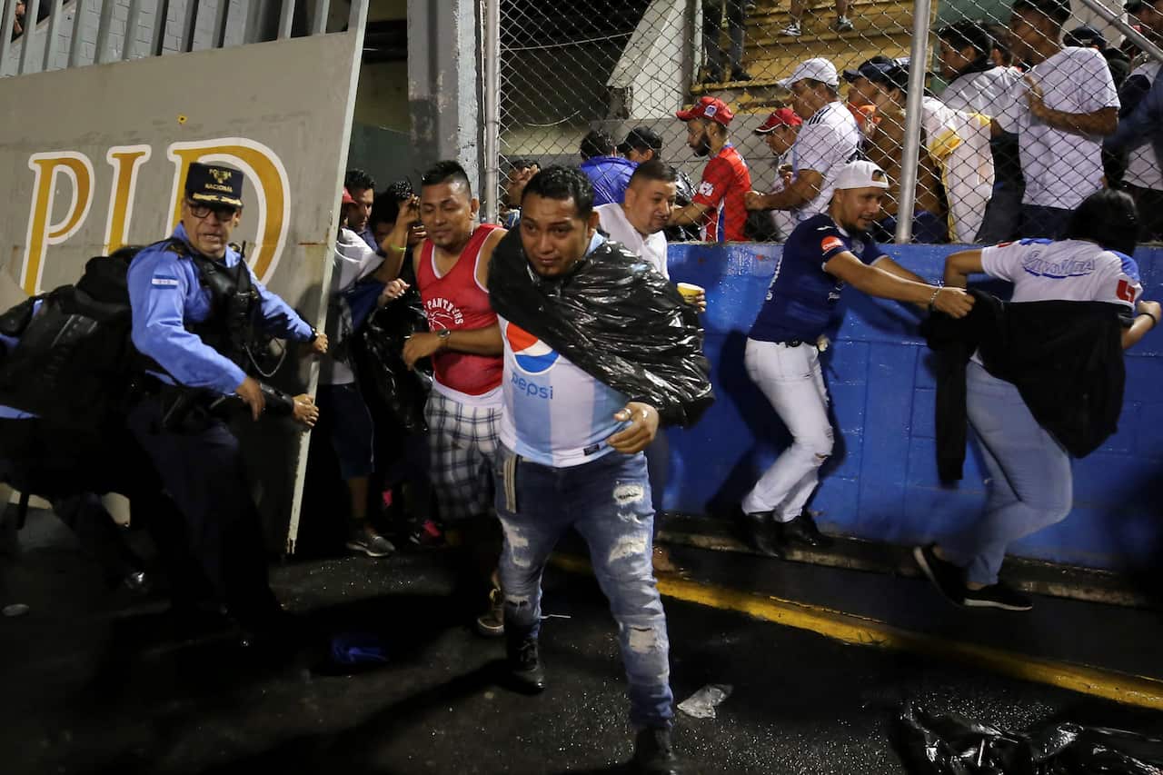 Supporters enter the field and protect themselves from tear gas released by authorities.
