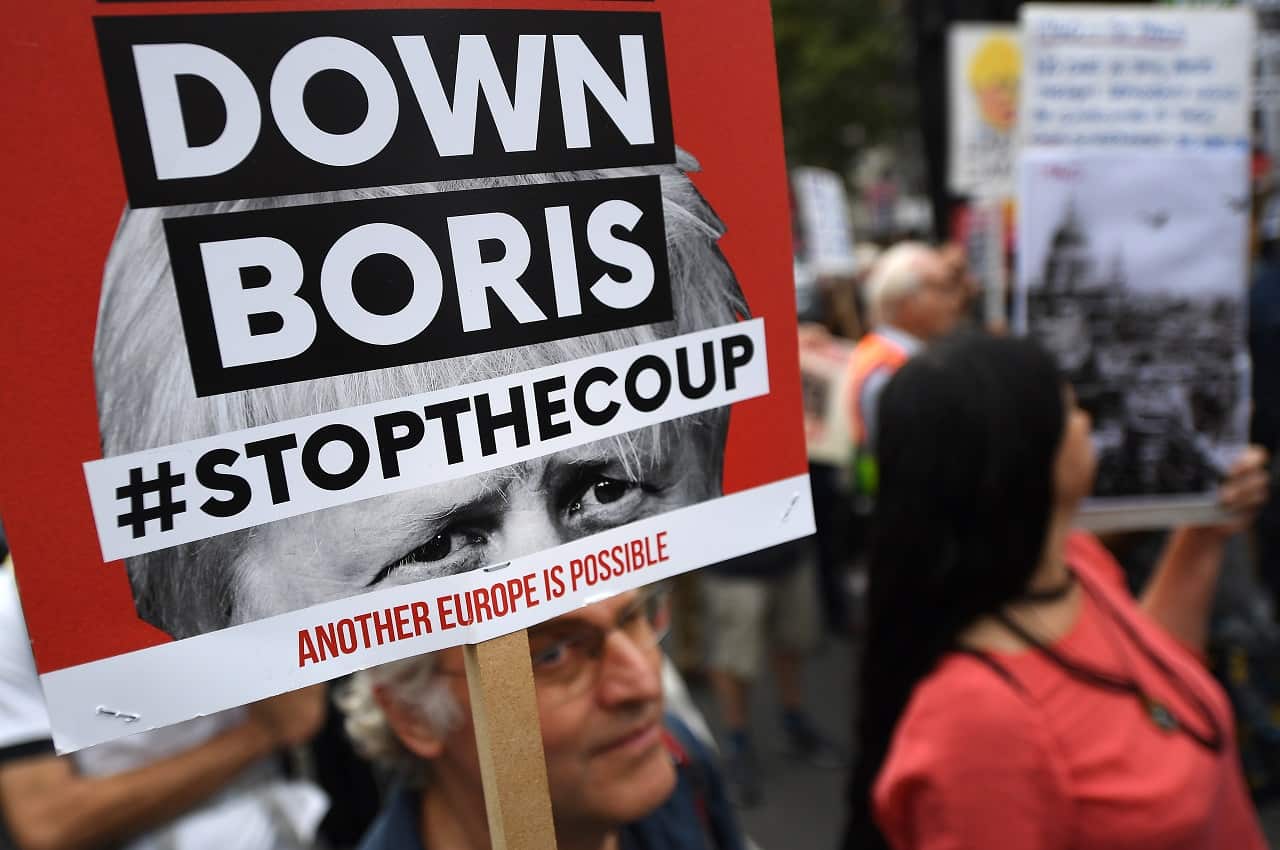 People protest the decision to prorogue parliament.