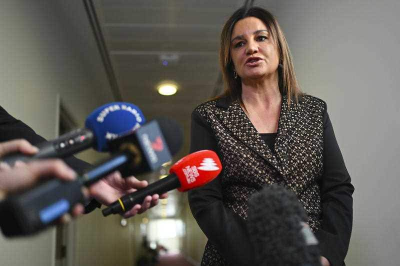 Crossbench Senator Jacqui Lambie speaks to the media during a press conference at Parliament House in Canberra.