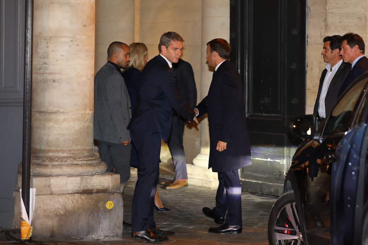 French president Emmanuel Macron arrives at the home of the late French president Jacques Chirac in Rue de Tournon, Paris.
