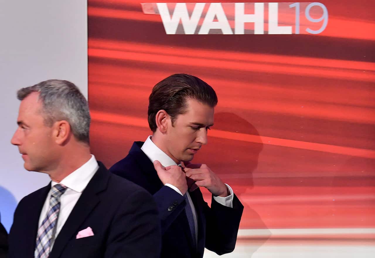 epa07880499 Sebastian Kurz (R), leader of Austrian People's Party (OeVP) and OeVP top candidate, arrives for the TV discussion after the Austrian federal elections in Vienna, Austria, 29 September 2019. EPA/GEORGI LICOVSKI