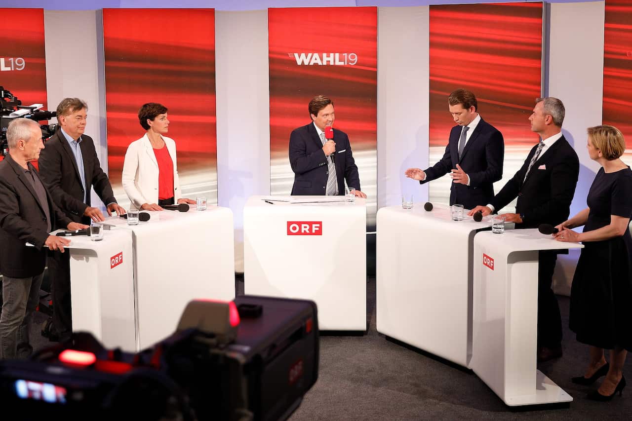 Peter Pilz, top candidate of the Liste Jetzt Party, Werner Kogler, top candidate of the Green Party, Pamela Rendi-Wagner, leader of Austrian Social Democratic Party (SPOe) and SPOe top candidate, TV host Matthias Schrom, Sebastian Kurz, leader of Austrian